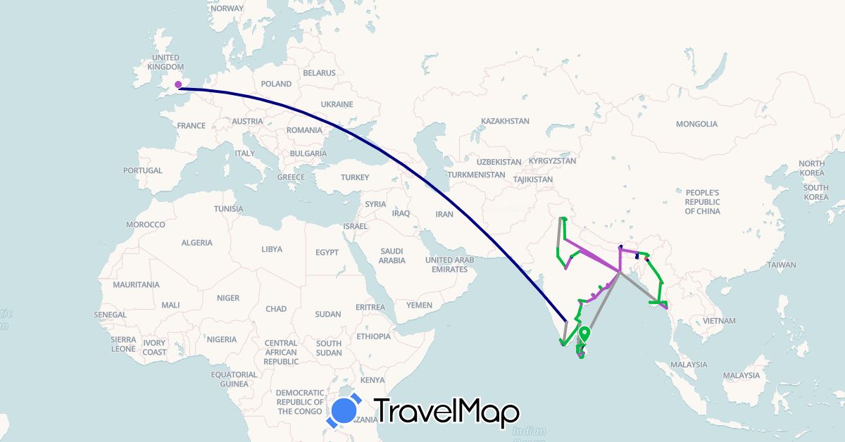 TravelMap itinerary: driving, bus, plane, train, hiking, motorbike in United Kingdom, India, Sri Lanka, Myanmar (Burma) (Asia, Europe)